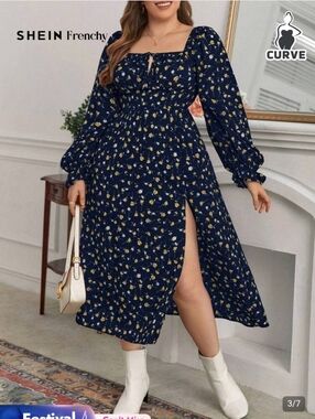 SHEIN Navy Floral Midi Dress with Puff Sleeves